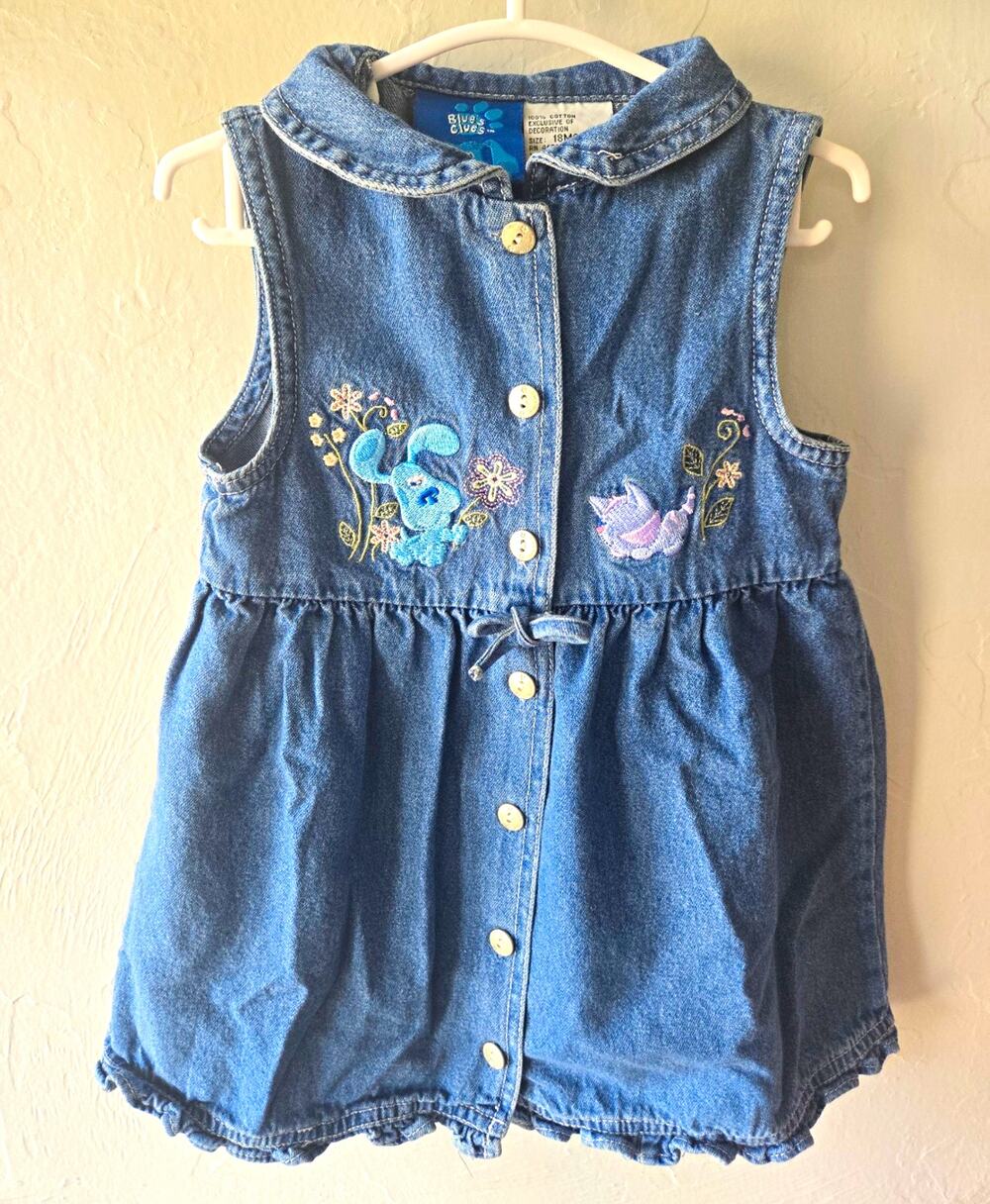 Vintage 2001 Blue's Clues Denim Dress 18M Embroidered Blue Periwinkle Y2K